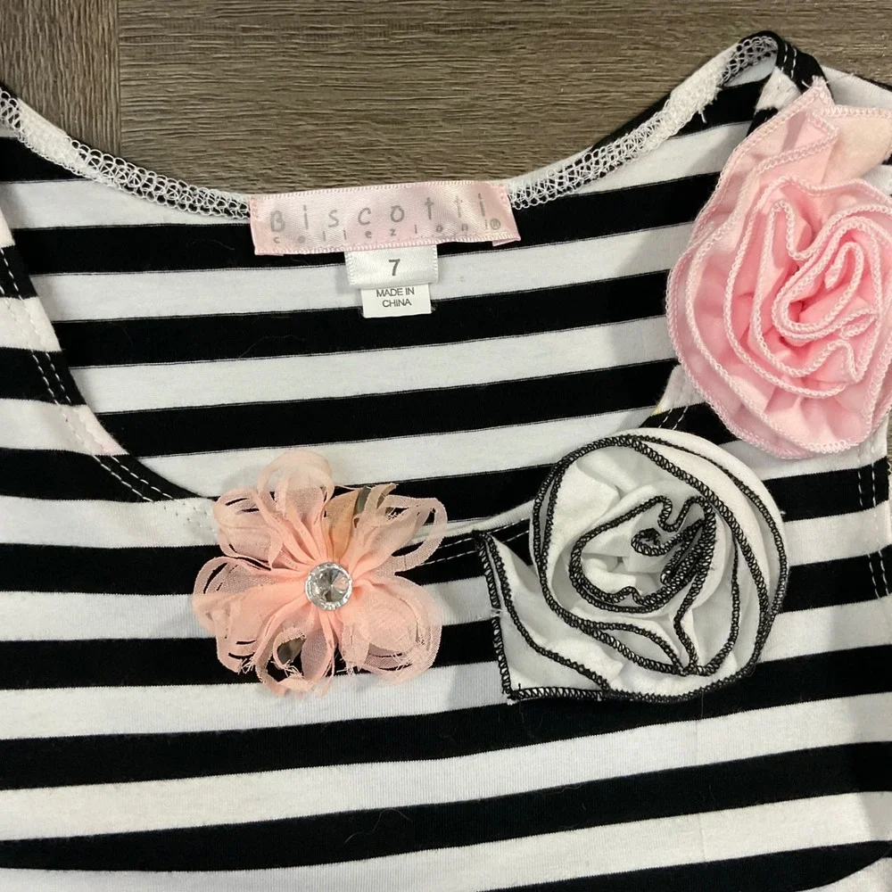 Biscotti Striped Tiered Ruffle Rose Dress Girls Size 7 Black White Pink Coquette
